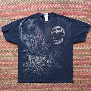 Y2K VTG HARLEY DAVIDSON MOTORCYCLES SKULL SPIDER WEB HANES BEEFY TEE